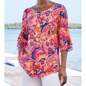 Soft Surroundings Siesta Key Top Blouse XL Layer Hem Gauze  Coastal Beach Boho